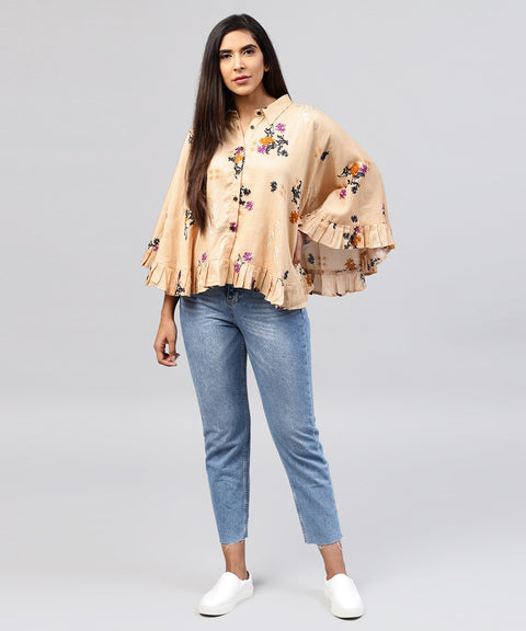 Yellow front open banglori printed poncho tops
