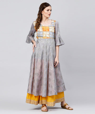 Grey banglori printed 3/4th sleeve cotton Anarkali kurta