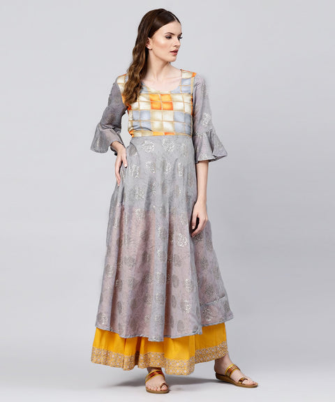 Grey banglori printed 3/4th sleeve cotton Anarkali kurta