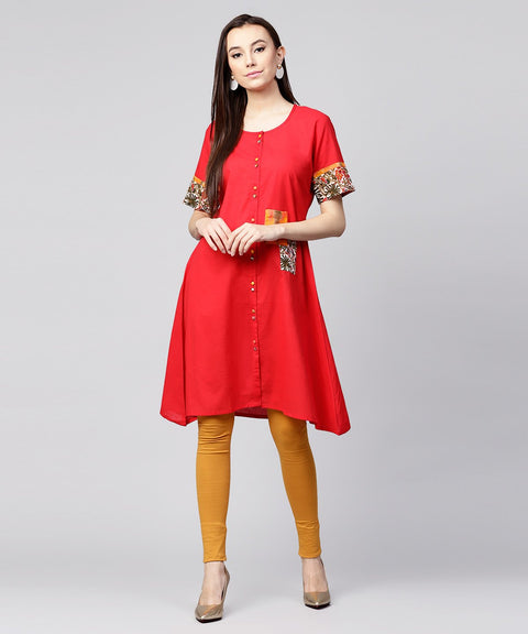 Maroon half slevee cotton front open kurta with pocket on left side