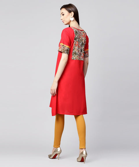 Maroon half slevee cotton front open kurta with pocket on left side