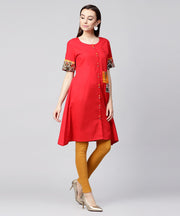 Maroon half slevee cotton front open kurta with pocket on left side