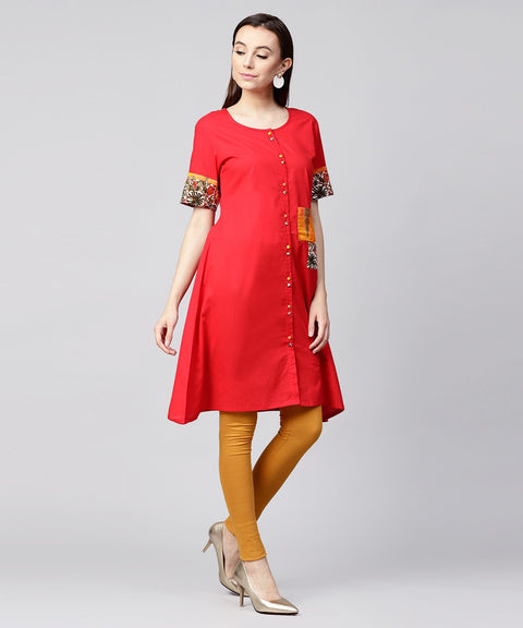 Maroon half slevee cotton front open kurta with pocket on left side