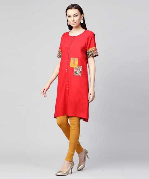 Maroon half slevee cotton front open kurta with pocket on left side