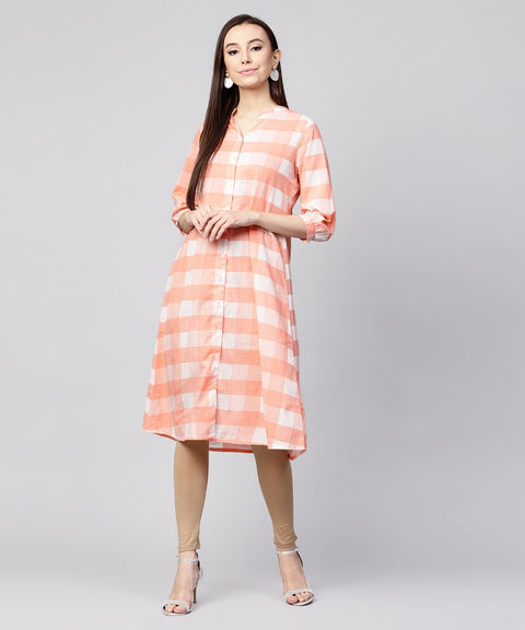 Peach checked 3/4th sleeve cotton front open A-line kurta