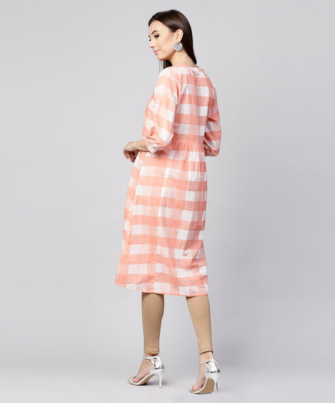 Peach checked 3/4th sleeve cotton front open A-line kurta