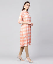 Peach checked 3/4th sleeve cotton front open A-line kurta