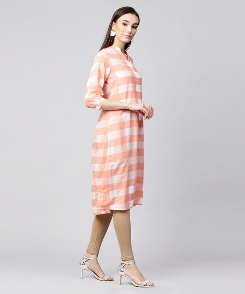 Peach checked 3/4th sleeve cotton front open A-line kurta