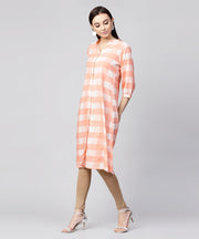 Peach checked 3/4th sleeve cotton front open A-line kurta