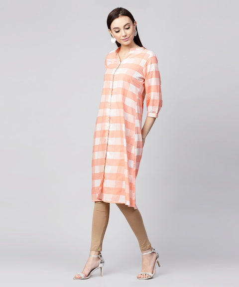 Peach checked 3/4th sleeve cotton front open A-line kurta