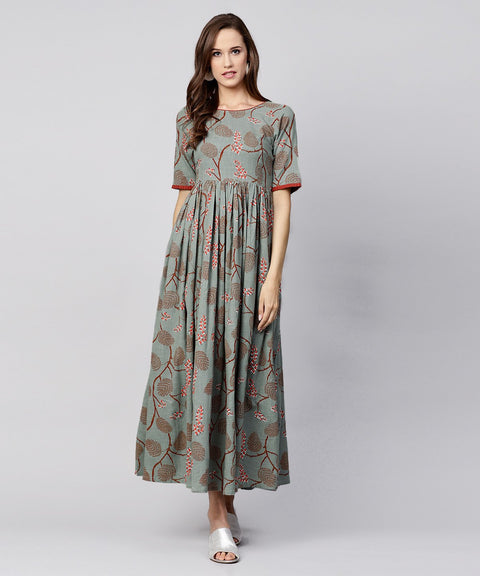 Green printed half sleeve cotton maxi dress