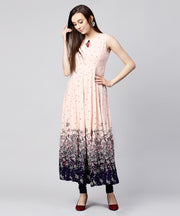 Off white printed sleeveless Rayon Anarkali kurta