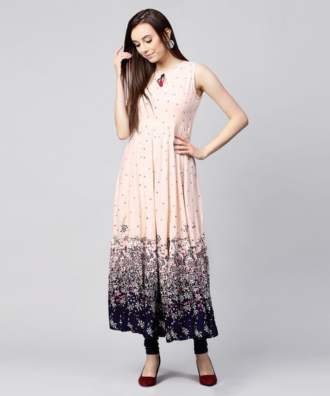 Off white printed sleeveless Rayon Anarkali kurta