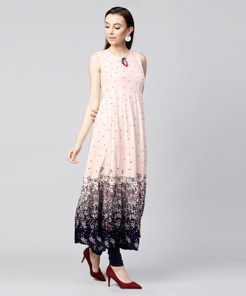 Off white printed sleeveless Rayon Anarkali kurta