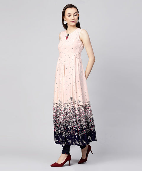 Off white printed sleeveless Rayon Anarkali kurta