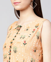 Yellow printed sleeveless rayon A-line maxi dress with button  in Yokr