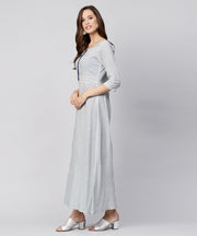 Blue striped 3/4th sleeve cotton A-line maxi dress