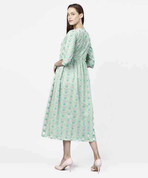 Green printed half sleeve A-line maxi dress