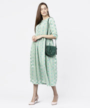 Green printed half sleeve A-line maxi dress