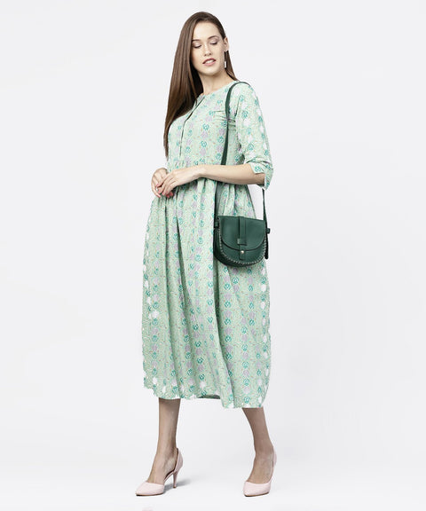 Green printed half sleeve A-line maxi dress