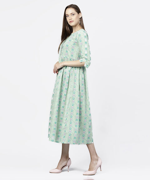 Green printed half sleeve A-line maxi dress