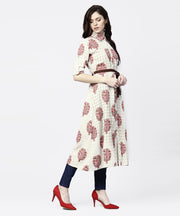 White check printed half sleeve front open tunic with belt