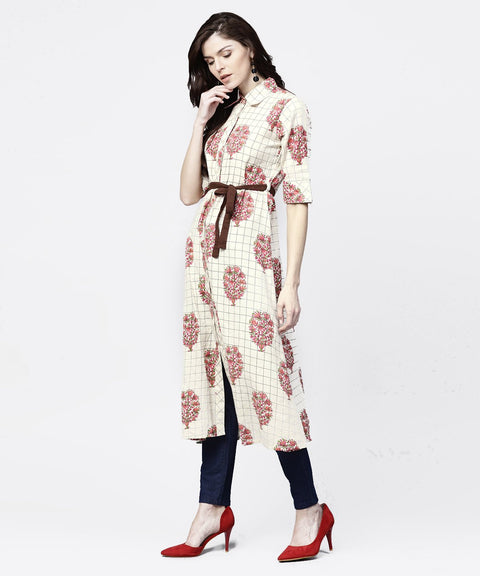 White check printed half sleeve front open tunic with belt