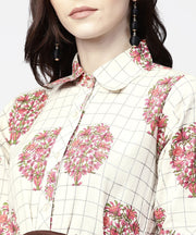 White check printed half sleeve front open tunic with belt