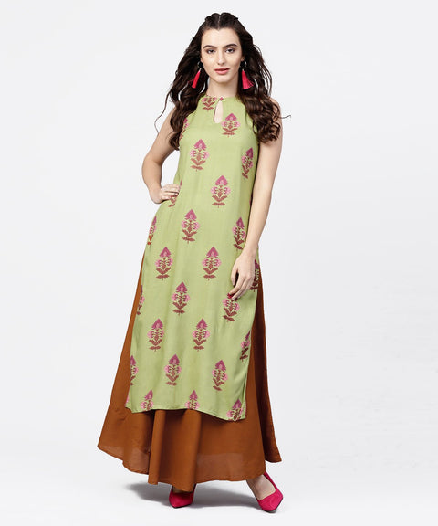 Green printed boat neck sleeveless cotton kurta solid skirt