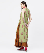 Green printed boat neck sleeveless cotton kurta solid skirt