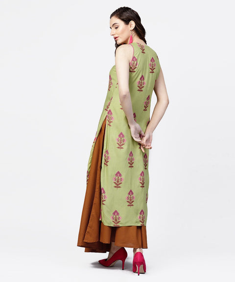 Green printed boat neck sleeveless cotton kurta solid skirt