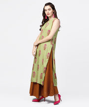 Green printed boat neck sleeveless cotton kurta solid skirt