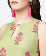 Green printed boat neck sleeveless cotton kurta solid skirt