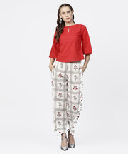 Red 3/4th sleeve tops with off white printed palazzo