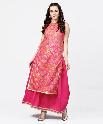 Pink printed boat neck sleeveless kurta with a solid dye skirt