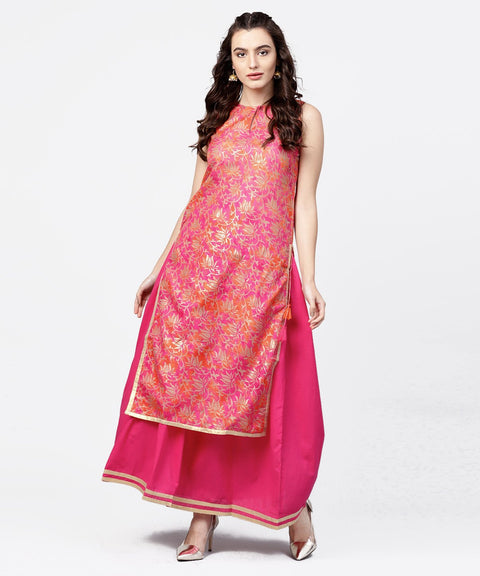 Pink printed boat neck sleeveless kurta with a solid dye skirt