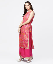 Pink printed boat neck sleeveless kurta with a solid dye skirt