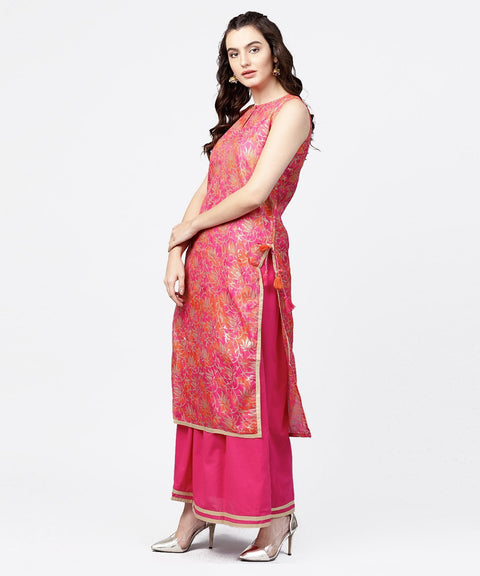 Pink printed boat neck sleeveless kurta with a solid dye skirt