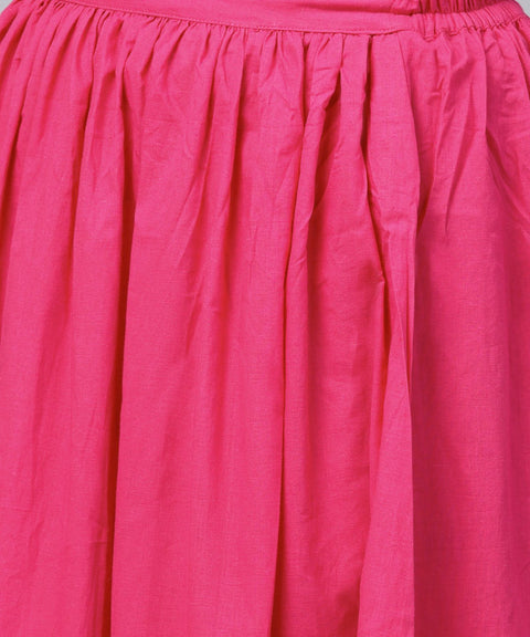 Pink printed boat neck sleeveless kurta with a solid dye skirt