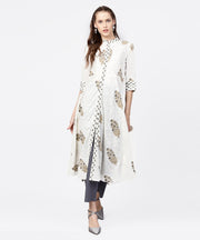 White printed 3/4th sleeve A-line kurta with grey solid dye palazzo