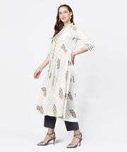 White printed 3/4th sleeve A-line kurta with grey solid dye palazzo