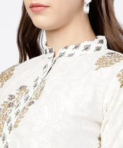 White printed 3/4th sleeve A-line kurta with grey solid dye palazzo