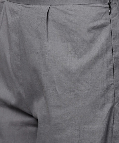 White printed 3/4th sleeve A-line kurta with grey solid dye palazzo