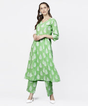 Green printed 3/4th sleeve A-live kurta with printed palazzo