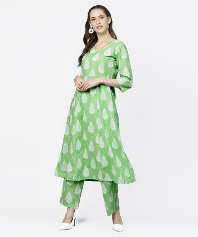 Green printed 3/4th sleeve A-live kurta with printed palazzo