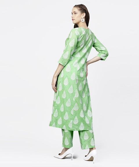 Green printed 3/4th sleeve A-live kurta with printed palazzo