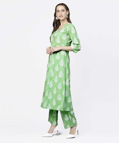 Green printed 3/4th sleeve A-live kurta with printed palazzo