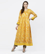 Yellow banglori printed round neck 3/4th sleeve A-line maxi dress