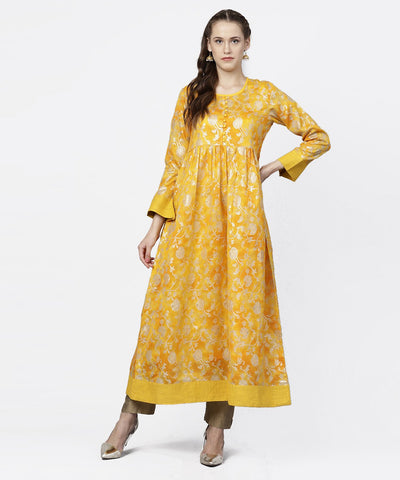Yellow banglori printed round neck 3/4th sleeve A-line maxi dress