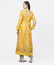 Yellow banglori printed round neck 3/4th sleeve A-line maxi dress